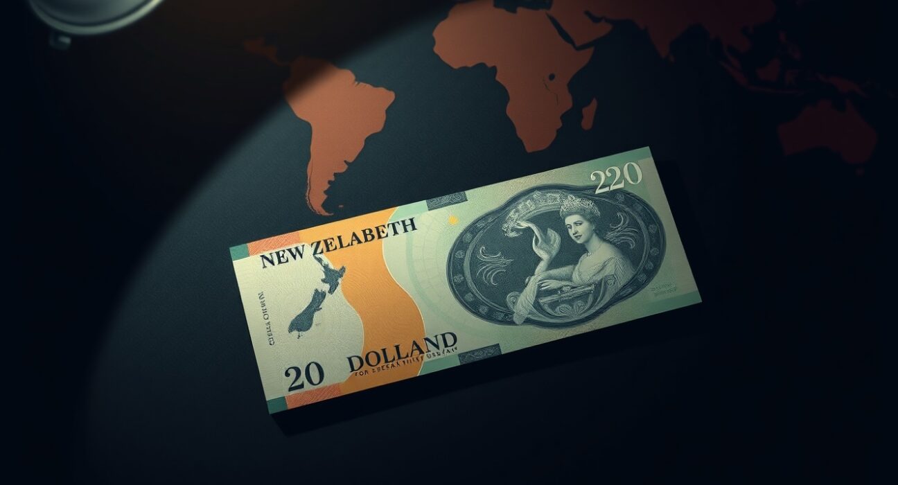New Zealand Dollar banknote on a dark surface with financial chart background