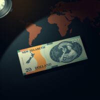 New Zealand Dollar banknote on a dark surface with financial chart background