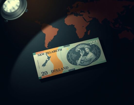 New Zealand Dollar banknote on a dark surface with financial chart background