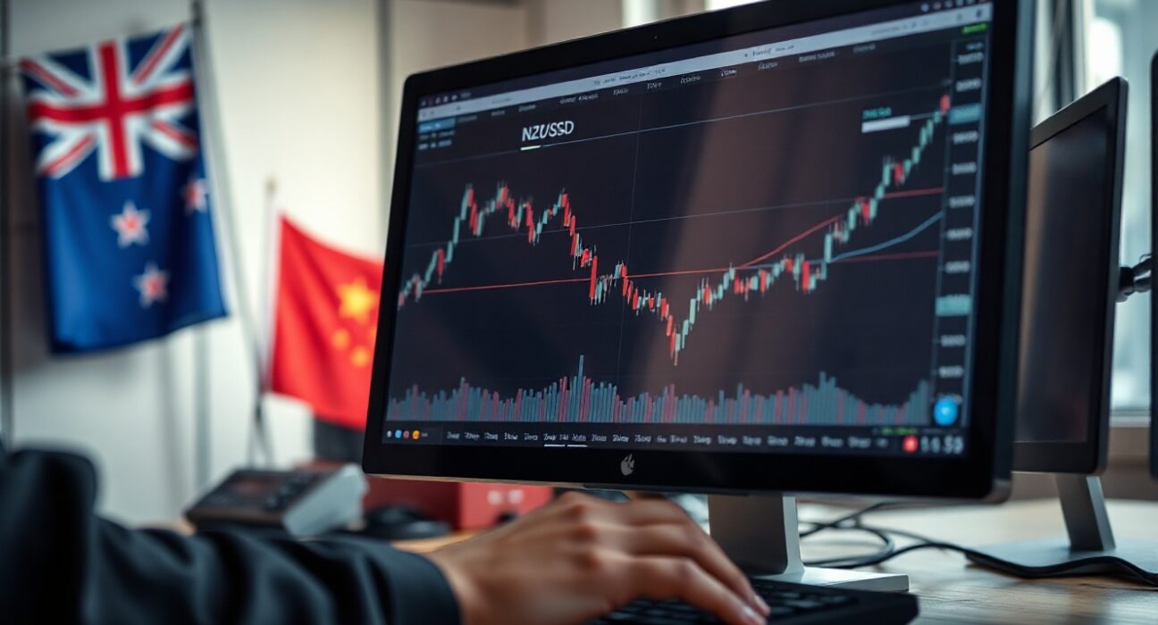 NZD/USD currency chart on a trading screen with New Zealand and US flags in background