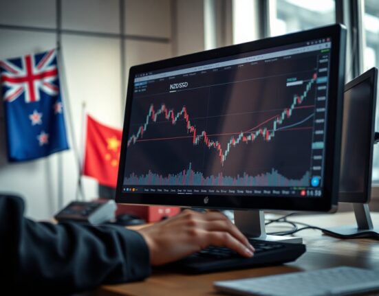 NZD/USD currency chart on a trading screen with New Zealand and US flags in background