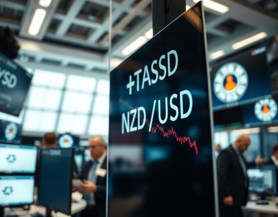 NZD/USD exchange rate chart showing decline on a trading screen