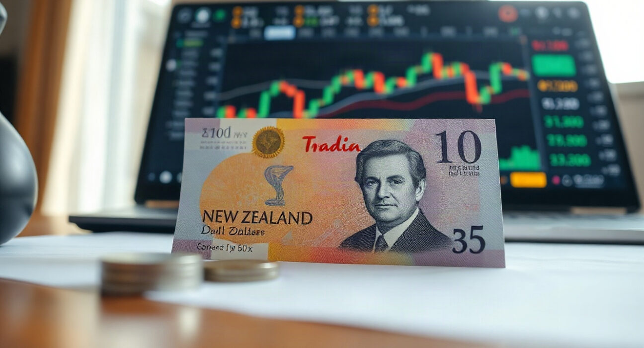 New Zealand Dollar banknotes and coins on a desk with a trading chart in the background