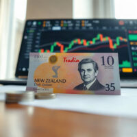 New Zealand Dollar banknotes and coins on a desk with a trading chart in the background