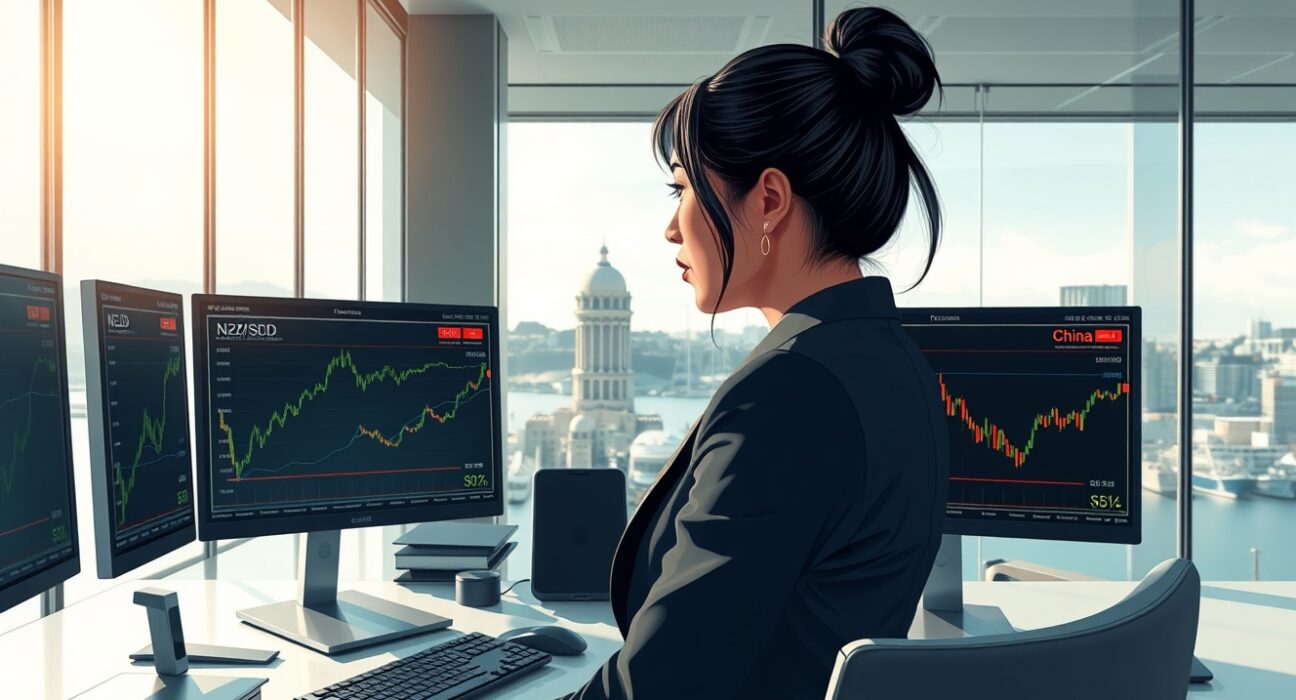 Financial analyst in Wellington monitors NZD/USD surge driven by Chinese economic data.