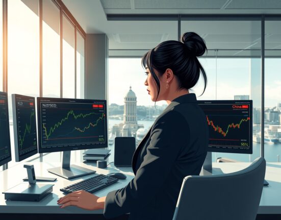 Financial analyst in Wellington monitors NZD/USD surge driven by Chinese economic data.