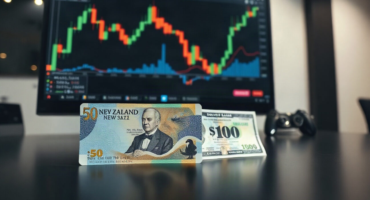 New Zealand and US dollar banknotes on a trading desk with a monitor showing a forex chart