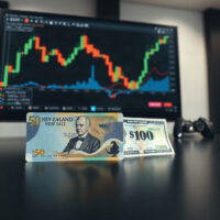 New Zealand and US dollar banknotes on a trading desk with a monitor showing a forex chart