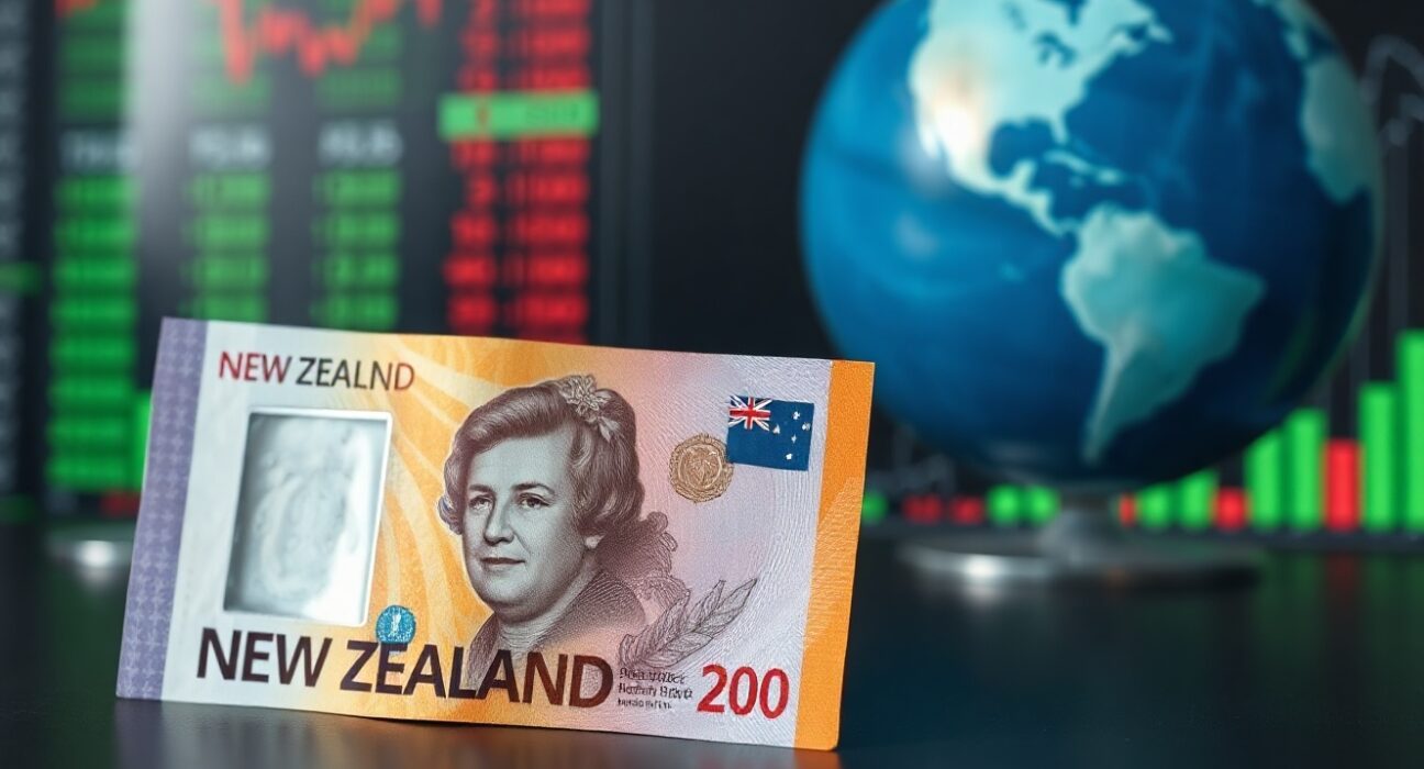 New Zealand dollar banknote on desk with blurred financial charts and world map background