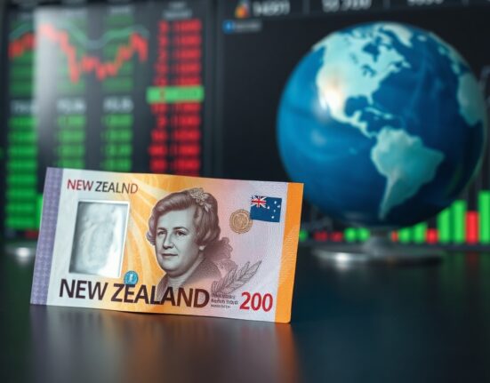 New Zealand dollar banknote on desk with blurred financial charts and world map background