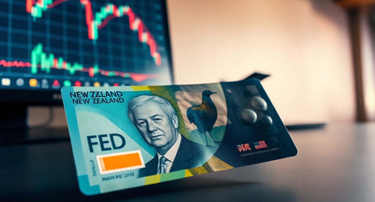New Zealand Dollar banknote on a desk with a financial chart showing a decline in the background