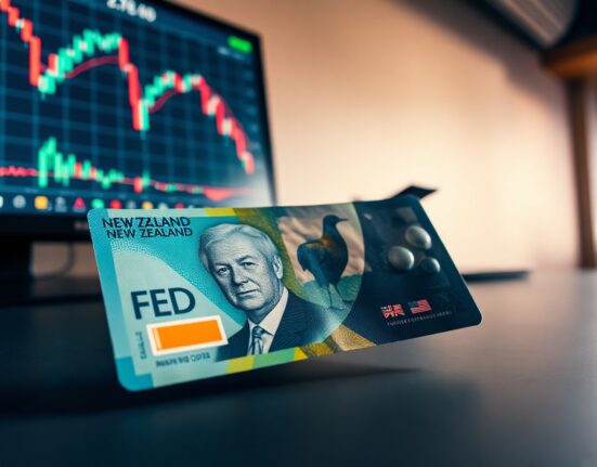 New Zealand Dollar banknote on a desk with a financial chart showing a decline in the background
