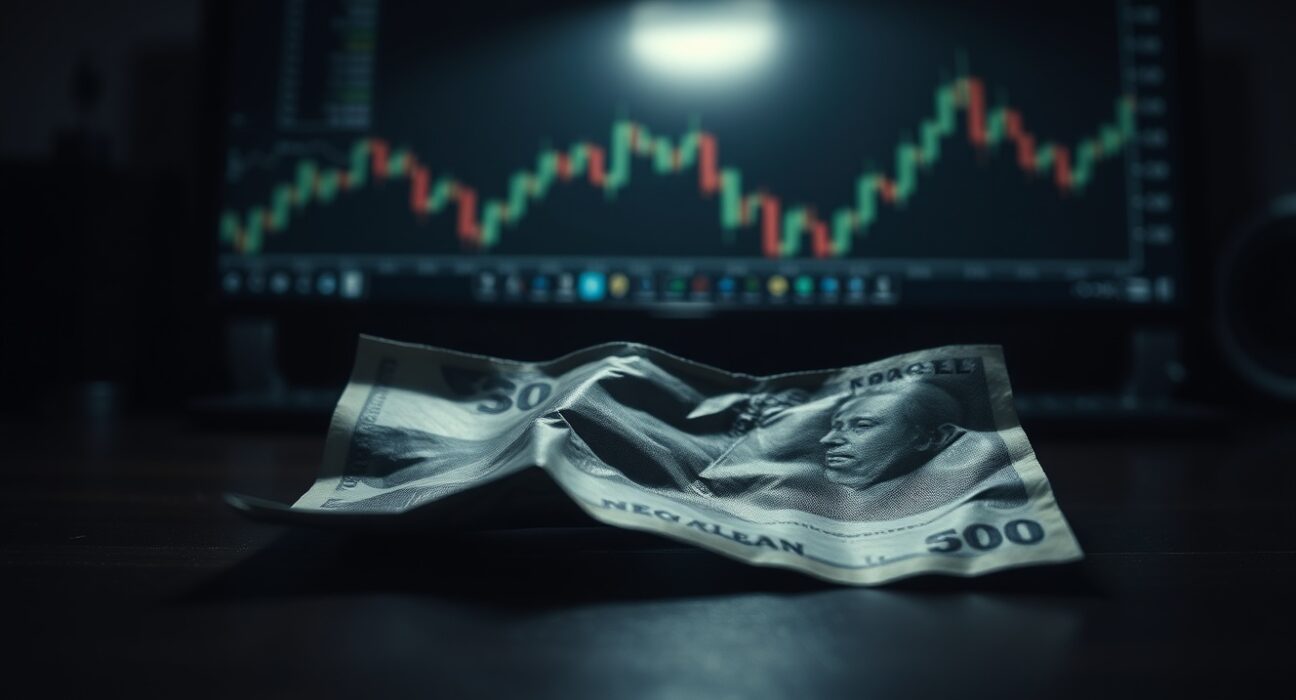 New Zealand Dollar banknote on a desk with dim lighting, symbolizing economic uncertainty and currency weakness.