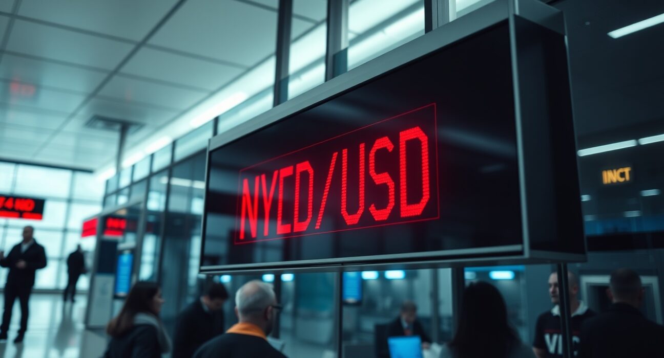 Currency exchange board showing NZD/USD rate declining due to geopolitical tensions