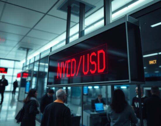 Currency exchange board showing NZD/USD rate declining due to geopolitical tensions