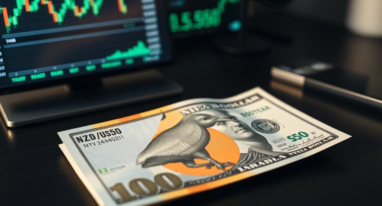 New Zealand Dollar banknote and US Dollar bill on desk with trading screen showing NZD/USD exchange rate