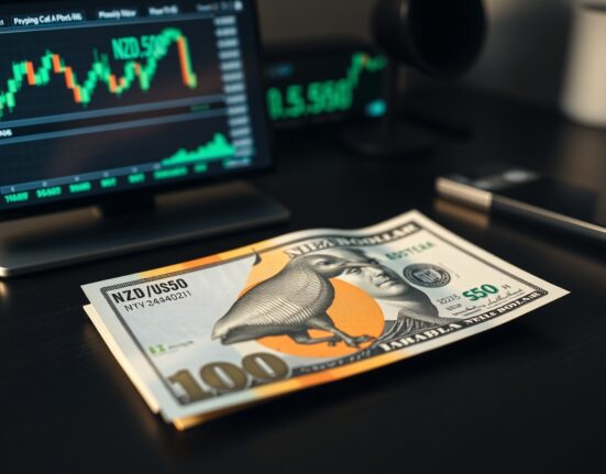 New Zealand Dollar banknote and US Dollar bill on desk with trading screen showing NZD/USD exchange rate