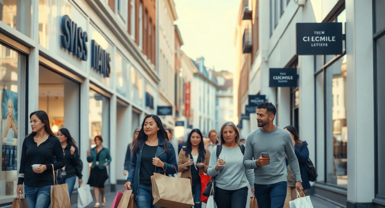 Shoppers on a New Zealand retail street with shopping bags, reflecting increased consumer spending.