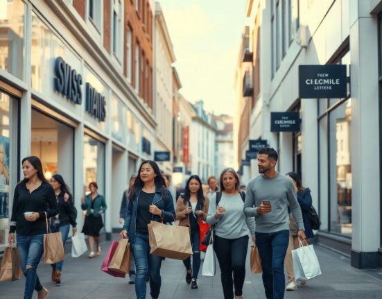 Shoppers on a New Zealand retail street with shopping bags, reflecting increased consumer spending.