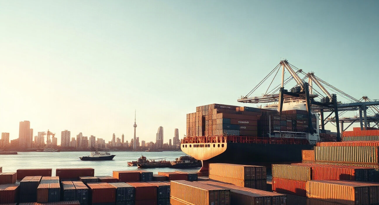 Container ship being loaded at a New Zealand port, representing export trade activity.