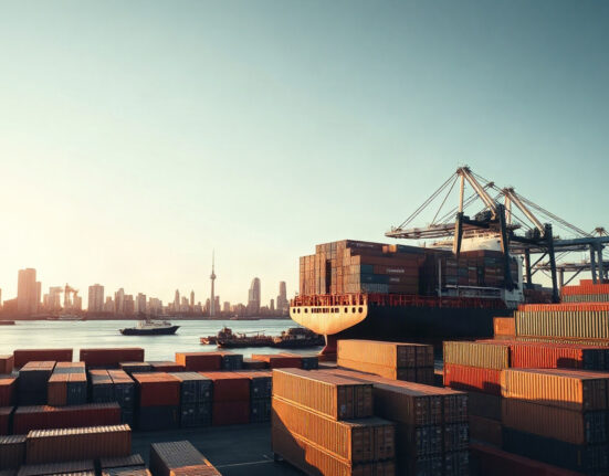 Container ship being loaded at a New Zealand port, representing export trade activity.
