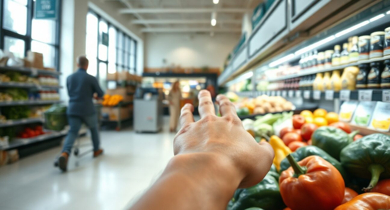 Shopper reaching for fresh vegetables in a New Zealand supermarket, with price tags visible.