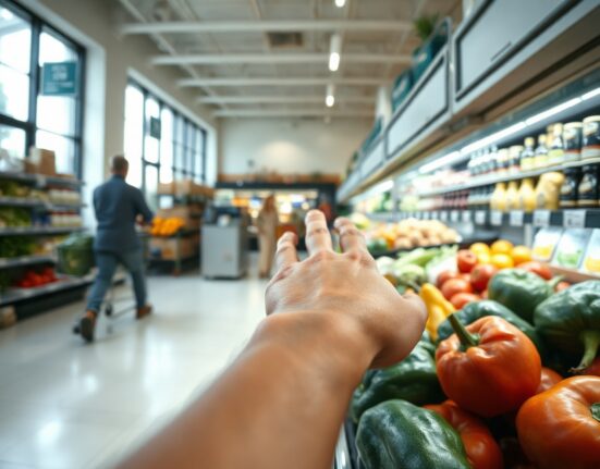 Shopper reaching for fresh vegetables in a New Zealand supermarket, with price tags visible.