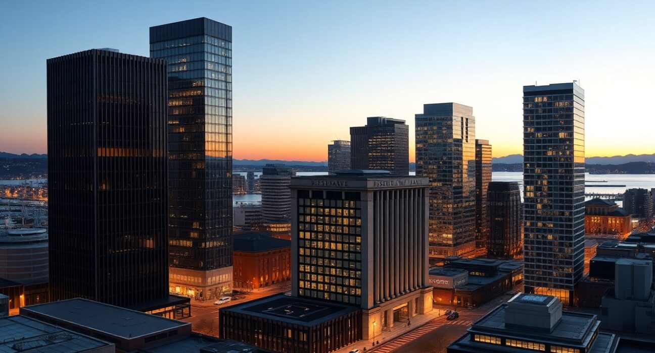 New Zealand GDP economic analysis showing Wellington financial district and Reserve Bank building