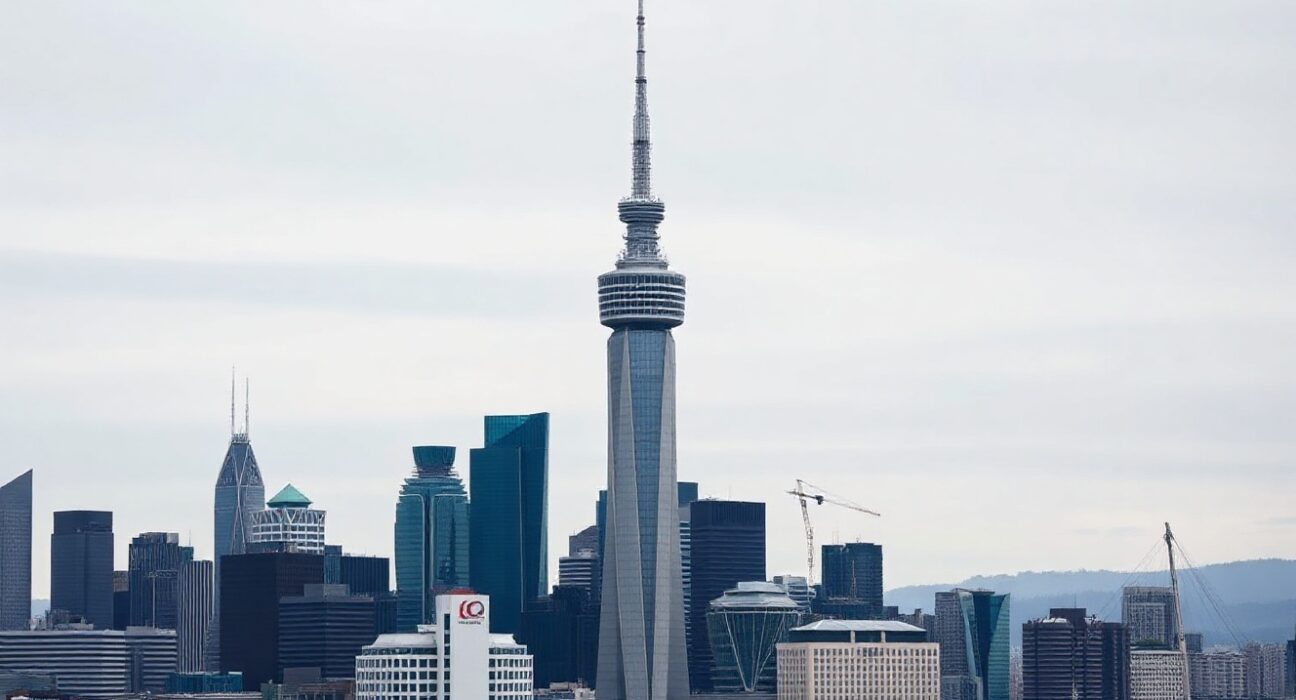 Auckland city skyline on a cloudy day, representing New Zealand's economic activity.