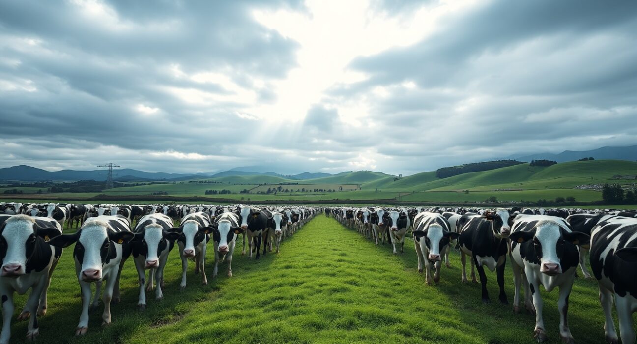 Dairy cows grazing on a New Zealand farm under cloudy skies, representing the dairy commodity market.