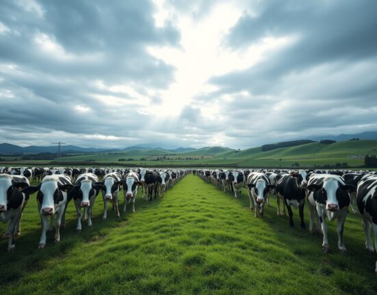 Dairy cows grazing on a New Zealand farm under cloudy skies, representing the dairy commodity market.
