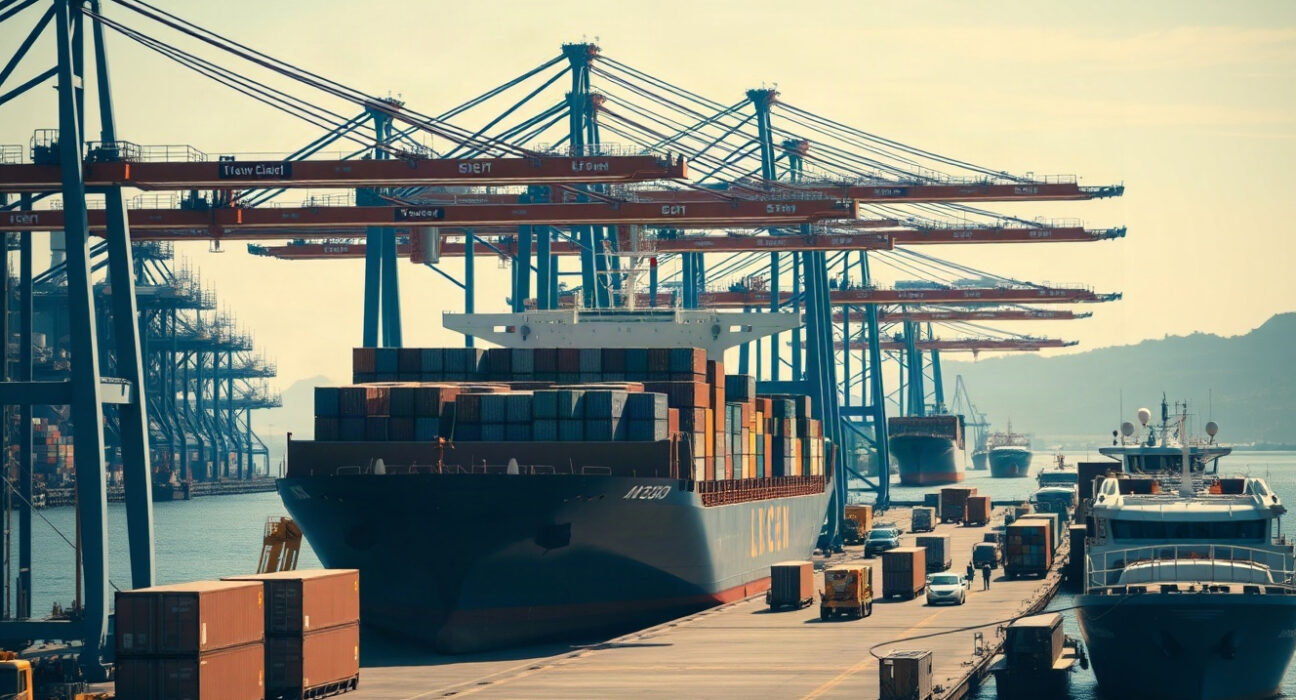 Cargo ships and containers at a New Zealand port on a clear day