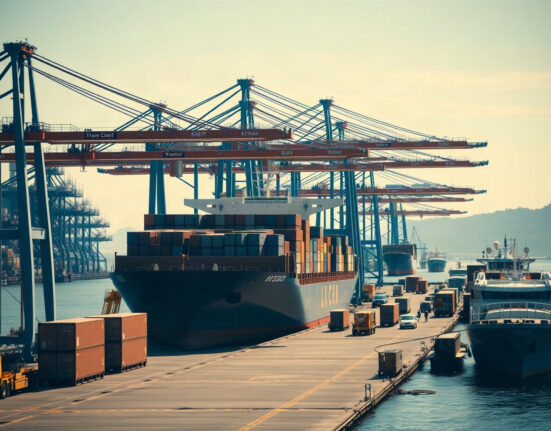 Cargo ships and containers at a New Zealand port on a clear day