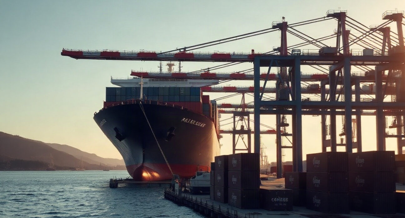Container ship at a New Zealand port with cranes loading cargo at dawn.