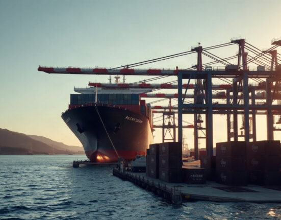 Container ship at a New Zealand port with cranes loading cargo at dawn.