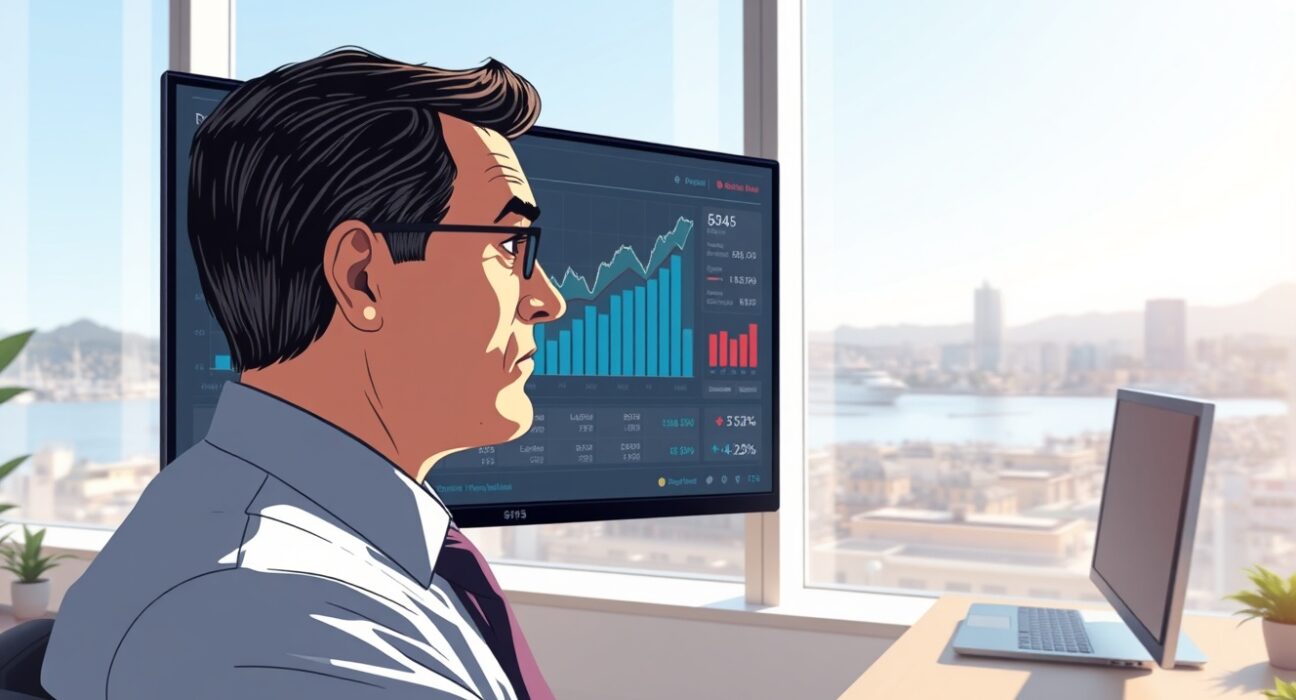 Business executive analyzing New Zealand inflation data charts in Wellington office with economic concern