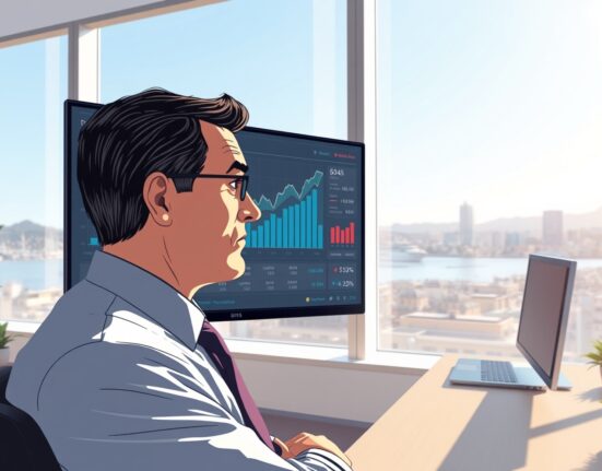 Business executive analyzing New Zealand inflation data charts in Wellington office with economic concern