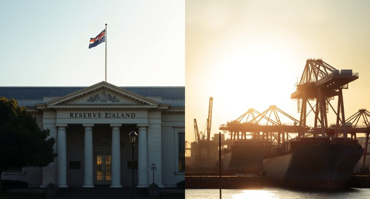 Reserve Bank of New Zealand and Japanese industrial port symbolizing inflation trends