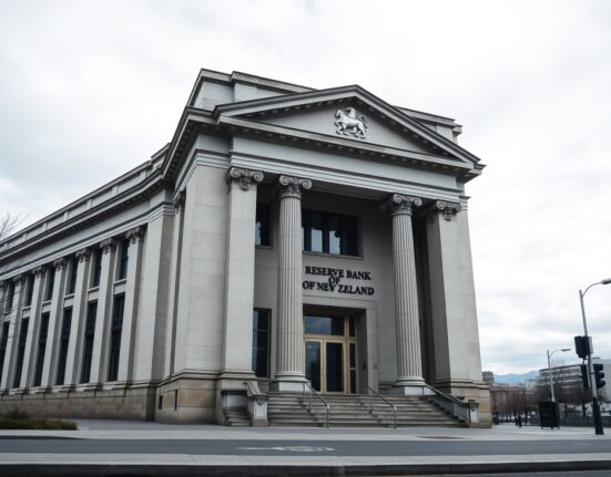 Reserve Bank of New Zealand building in Wellington on a cloudy day