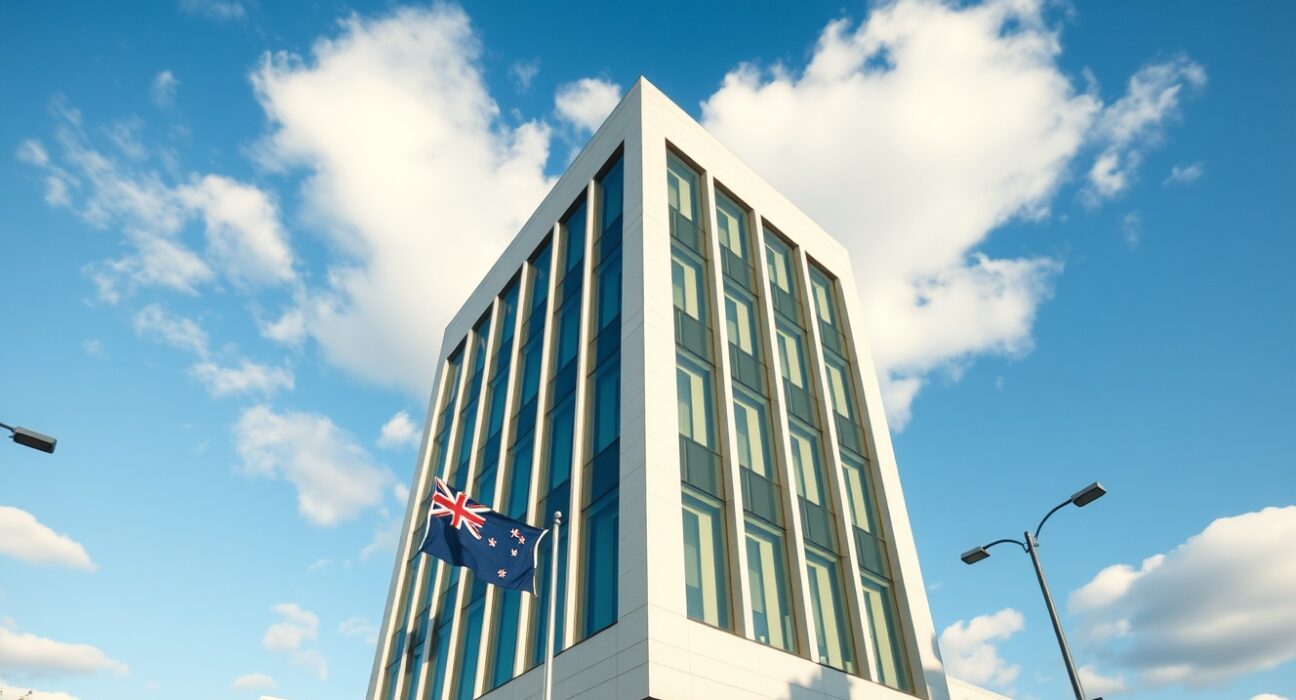 Reserve Bank of New Zealand building representing monetary policy decisions on inflation data.