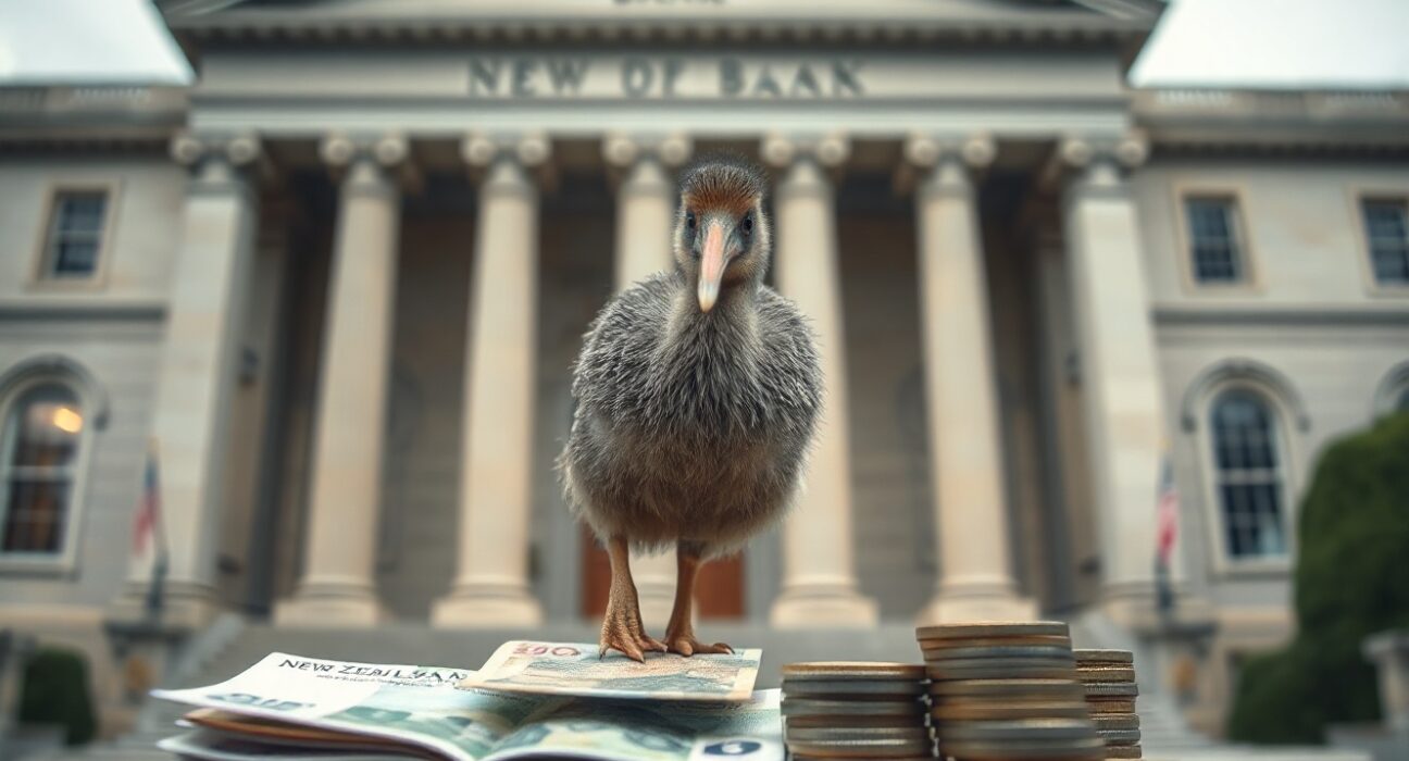 Kiwi bird standing on New Zealand dollar banknotes in front of RBNZ building, representing currency pressure
