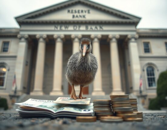 Kiwi bird standing on New Zealand dollar banknotes in front of RBNZ building, representing currency pressure