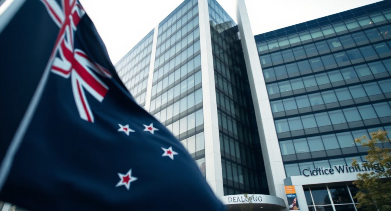 Modern office building in Wellington, New Zealand, representing economic activity and wage growth.