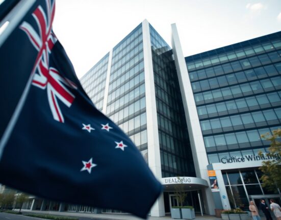 Modern office building in Wellington, New Zealand, representing economic activity and wage growth.