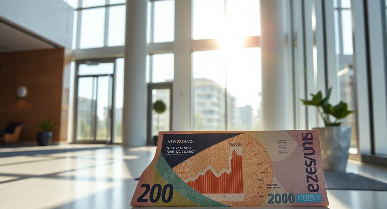 A visual representation of New Zealand's economic data with a focus on financial documents and currency.