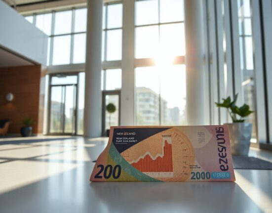 A visual representation of New Zealand's economic data with a focus on financial documents and currency.