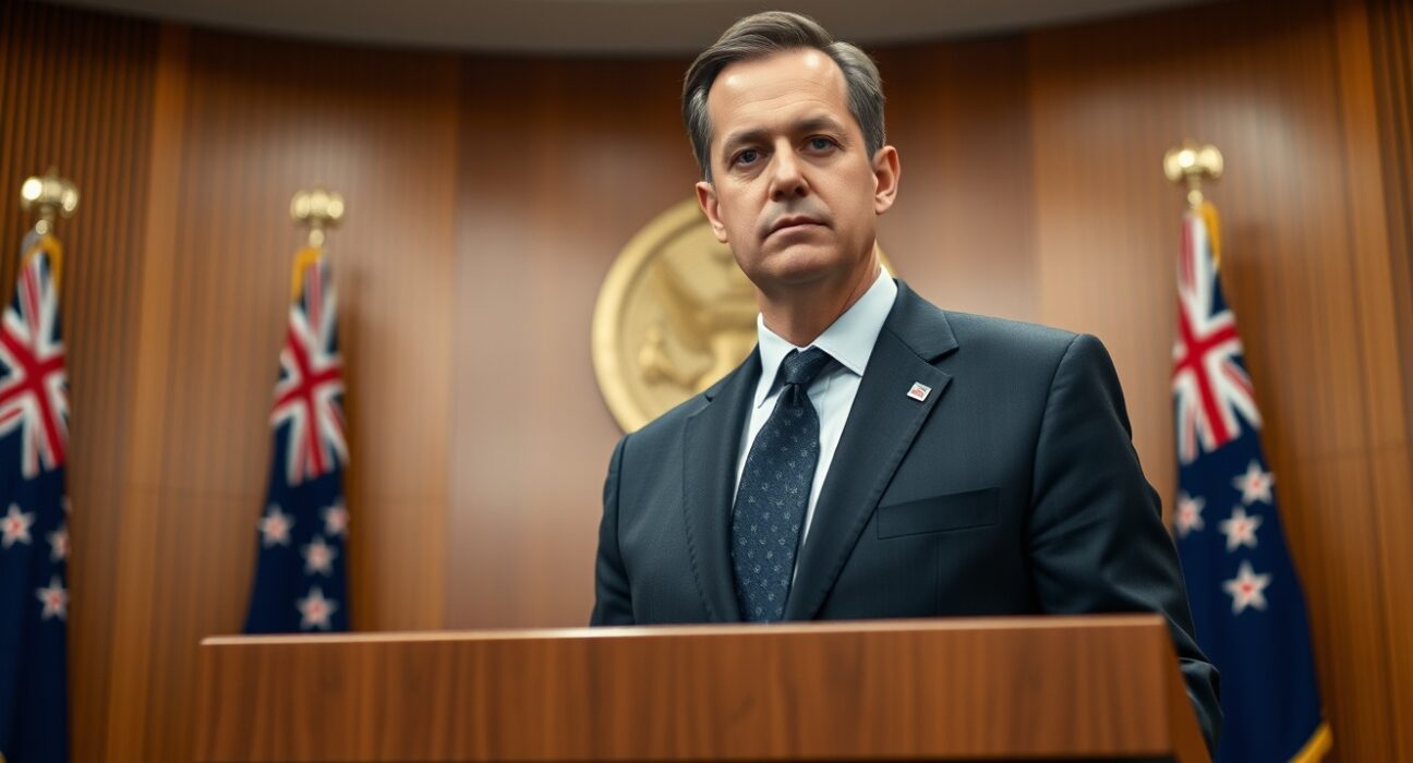 New Zealand Prime Minister Christopher Luxon speaking at a press conference on fiscal policy and spending cuts