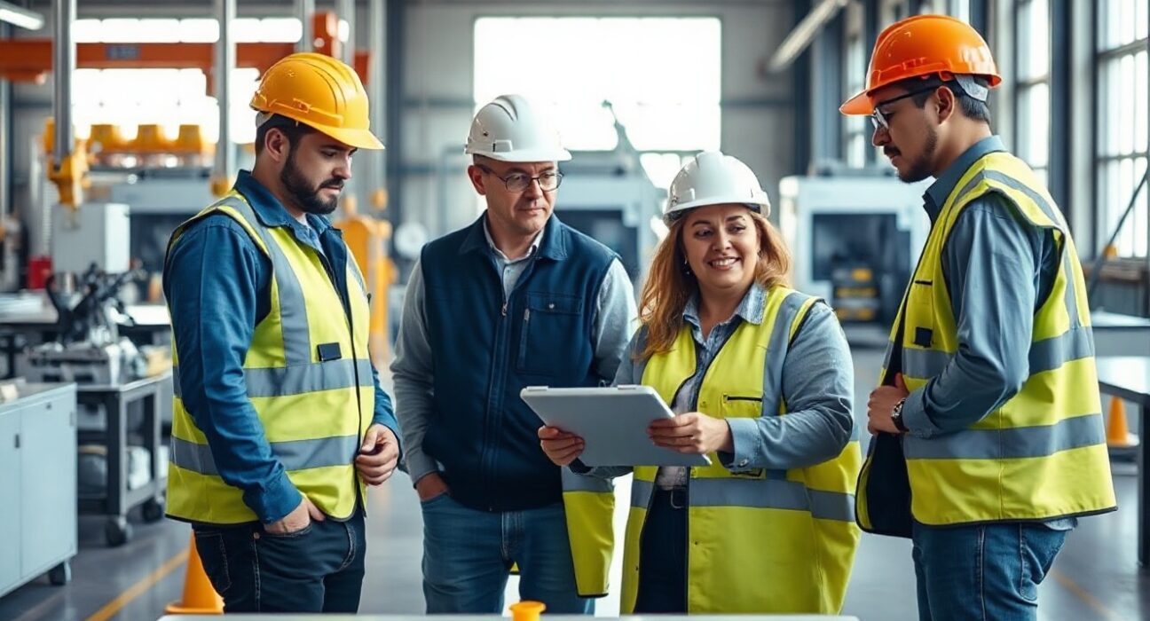 Workers reviewing manufacturing data on a tablet in a New Zealand factory, representing PMI activity