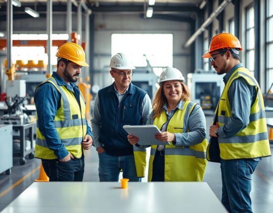 Workers reviewing manufacturing data on a tablet in a New Zealand factory, representing PMI activity
