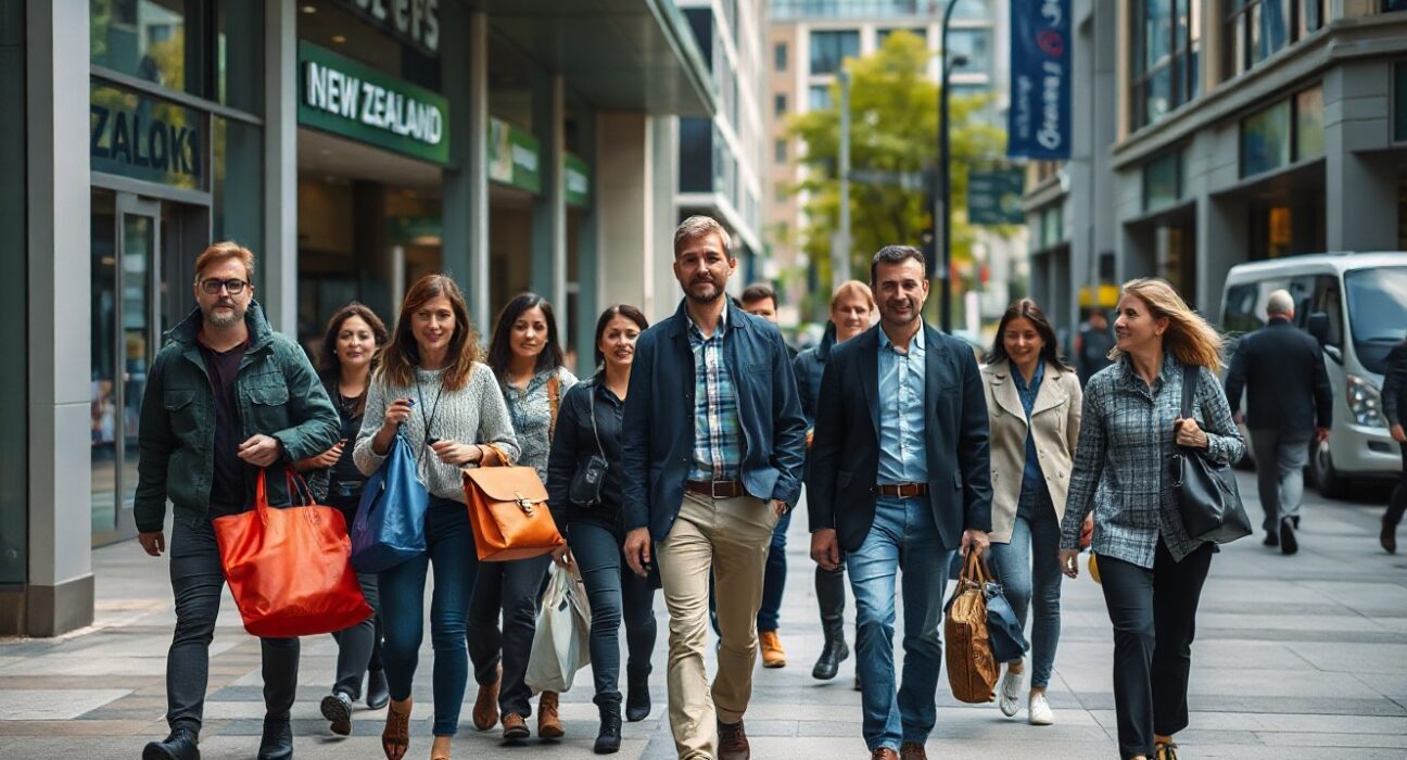 Workers walking in a New Zealand city street during daylight, representing labor force participation.